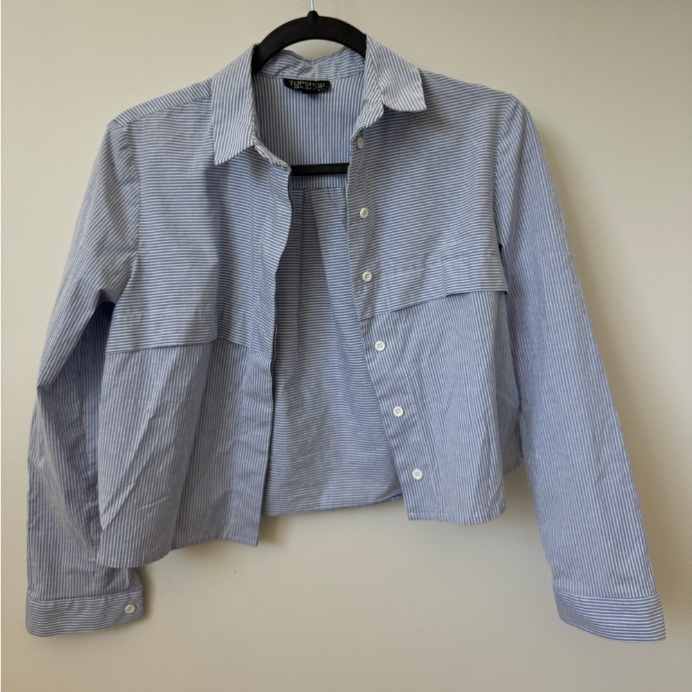Topshop blue & white striped button up cropped shirt